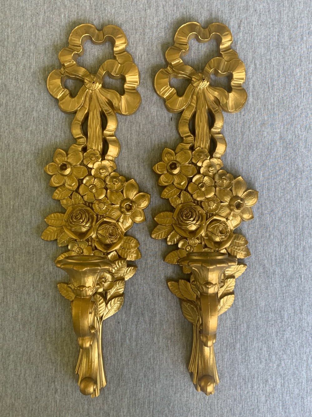 Vintage Syroco Gold Ornate Wall Sconces Hollywood Regency Floral Candlestick